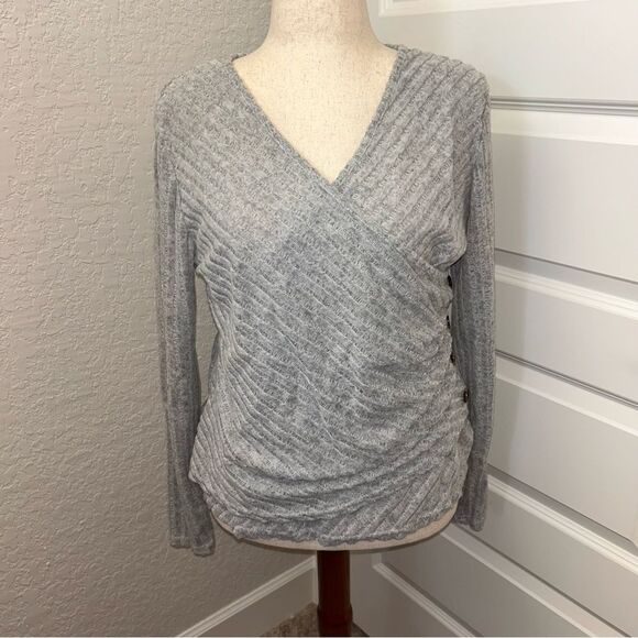 Unbranded Wide Ribbed Faux Wrap Long Sleeve Shirt Top - Picture 1 of 8